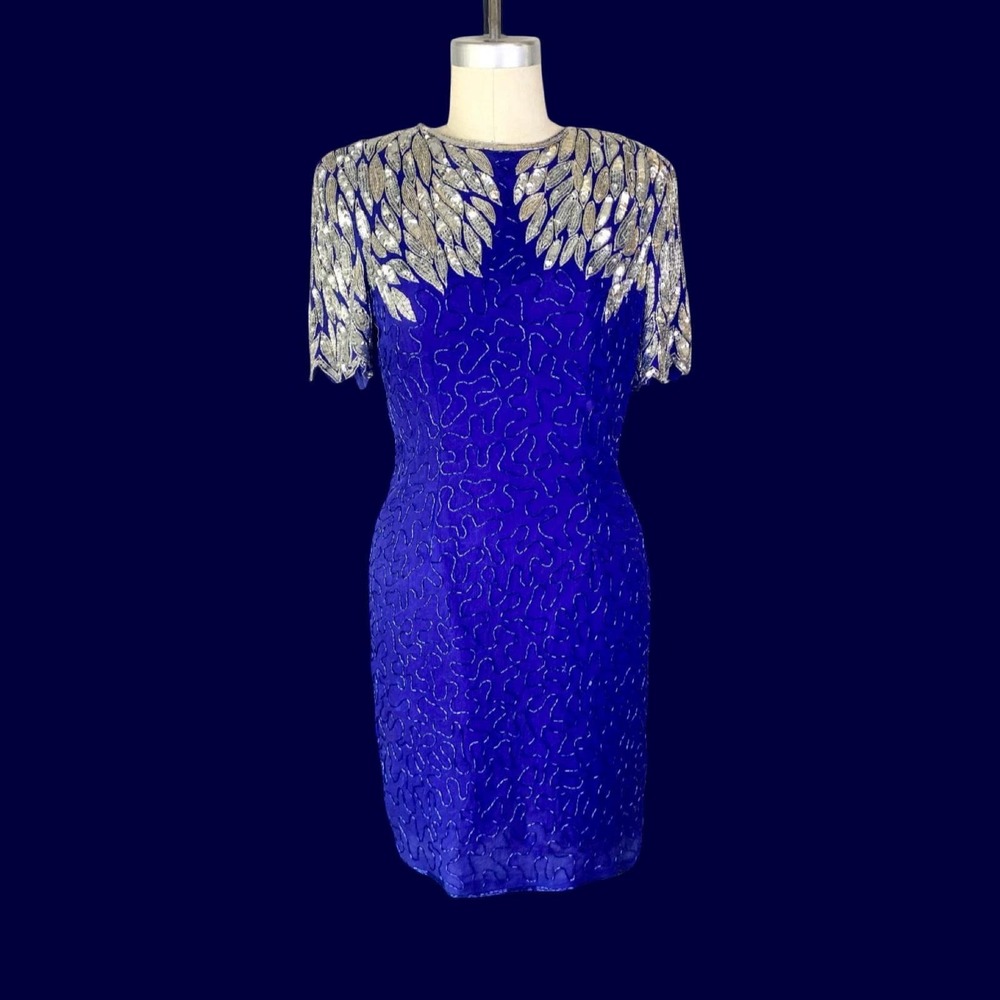 Vintage Stenay Beaded Silk Mini Dress, Royal Blue‎ Silver, Size 10
